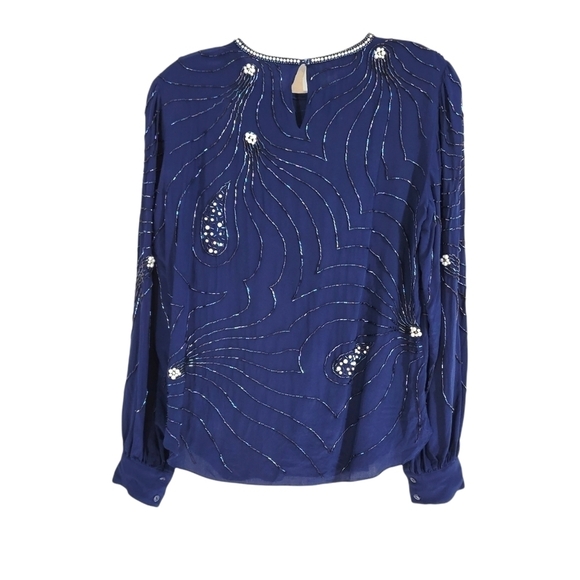 Vintage Argenti Notte Silk Blue Long-sleeve Beaded Pearl Evening Blouse - Picture 3 of 4